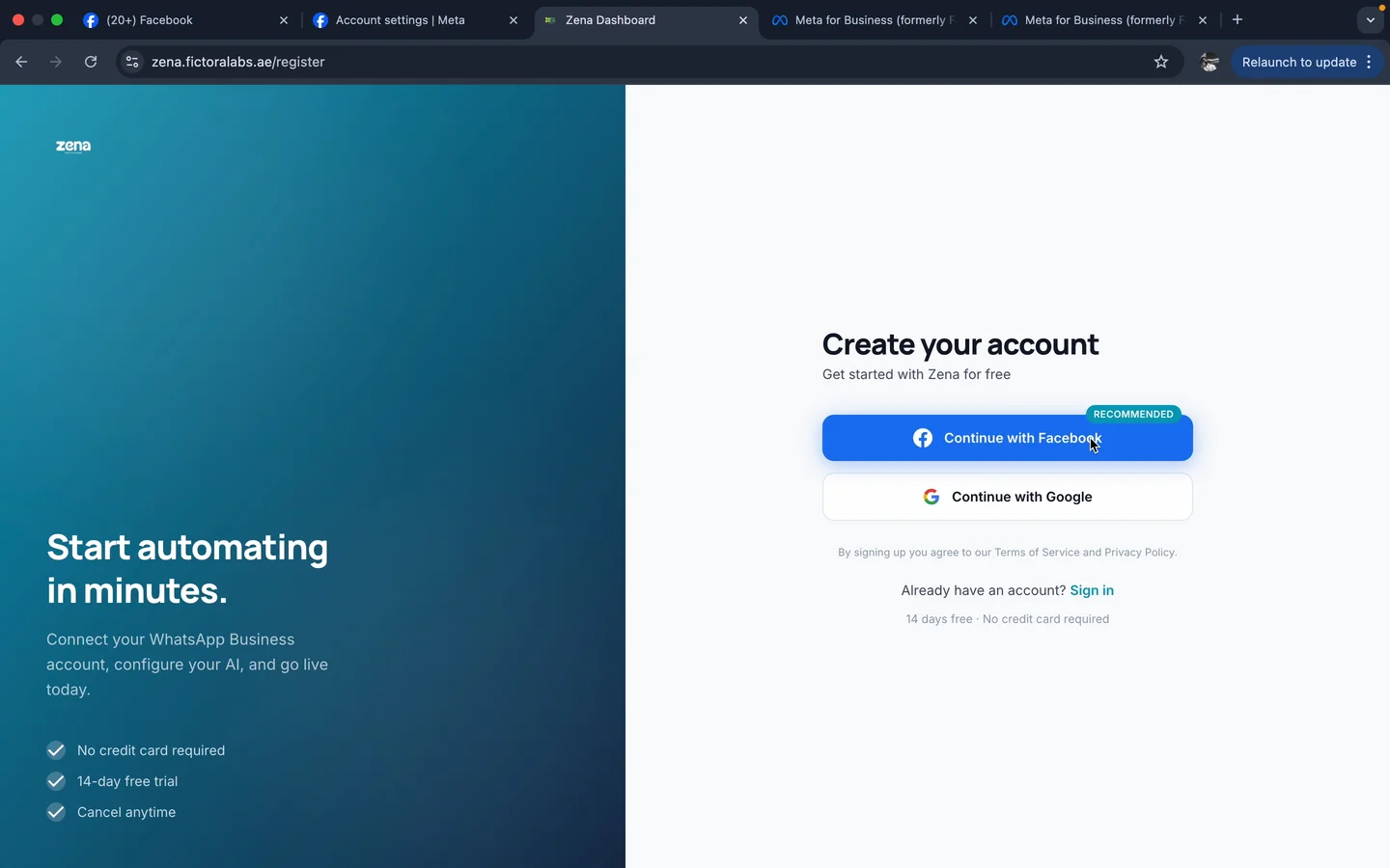 Zena create-account page with Continue with Facebook recommended button