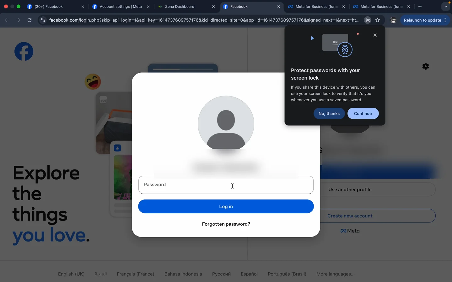 Facebook login screen during Zena sign-up