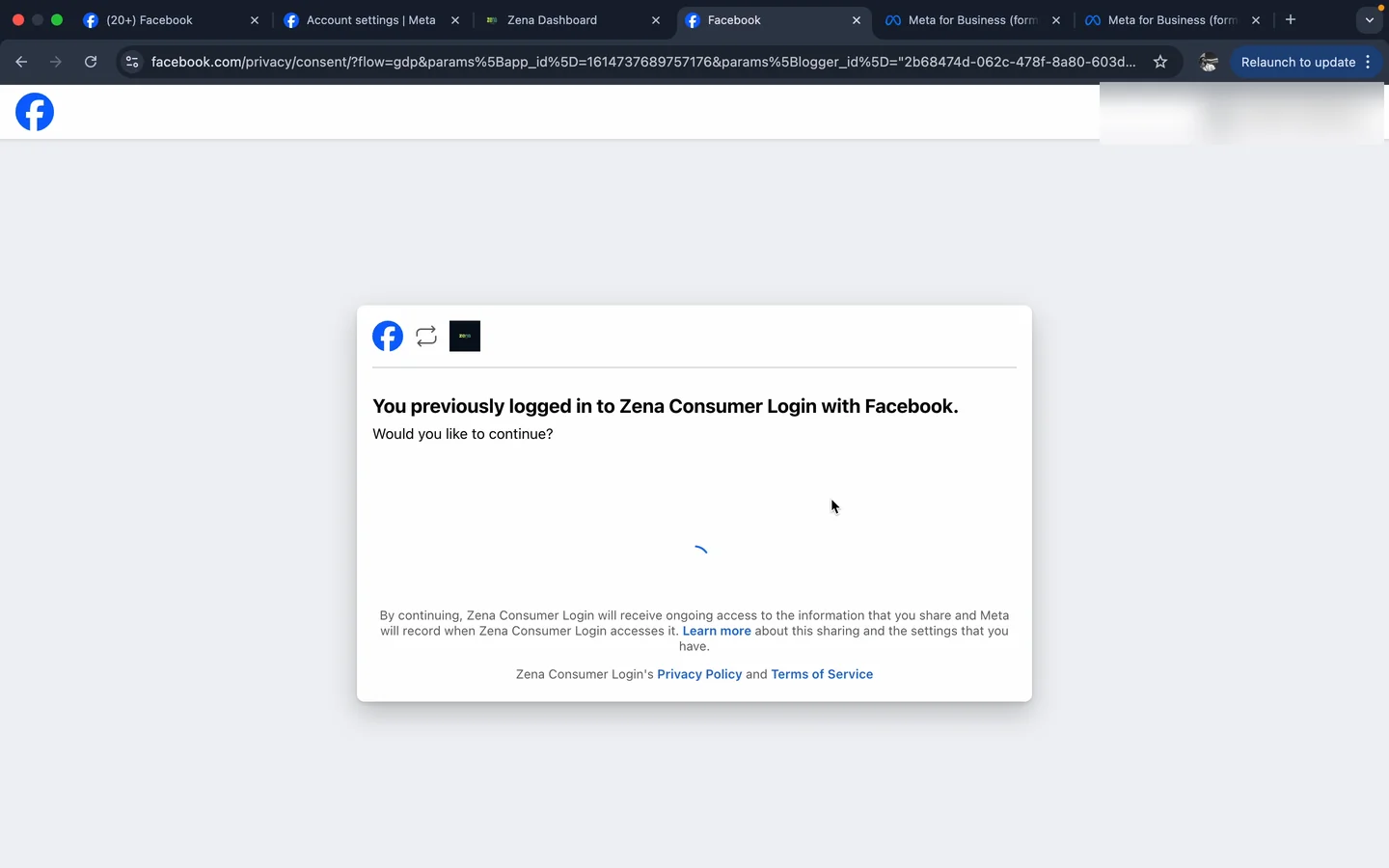Facebook OAuth consent — You previously logged in to Zena Consumer Login with Facebook