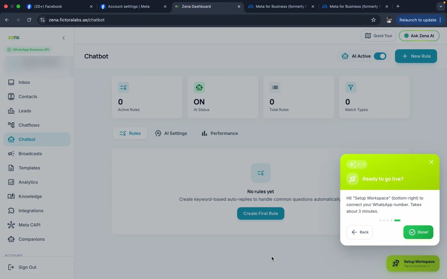 Zena dashboard with the Setup Workspace tour bubble