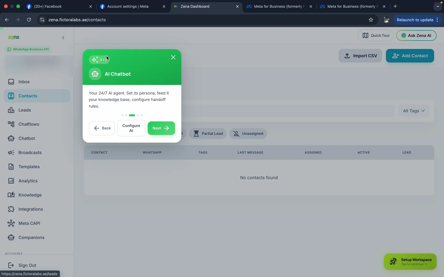 Zena dashboard product tour explaining the AI Chatbot module