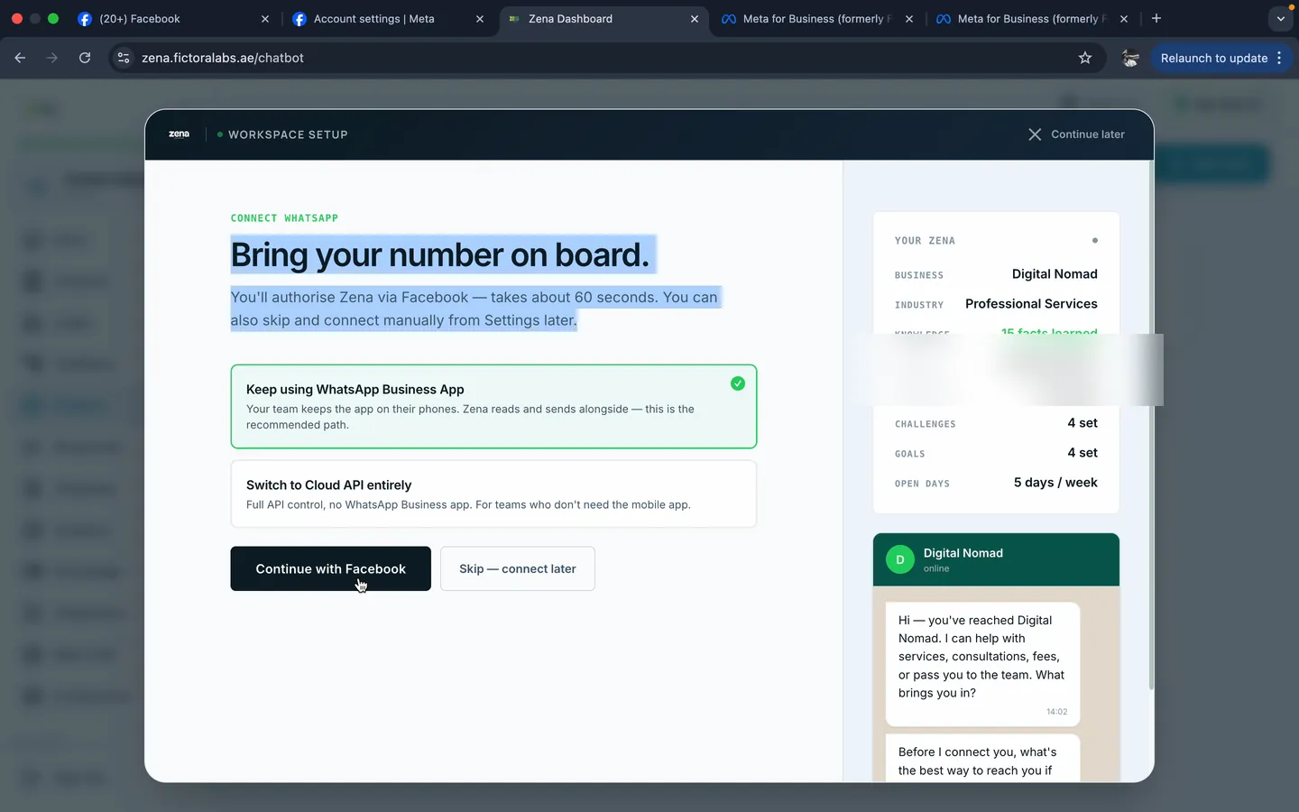 Wizard chapter 7 - Bring your number on board, with Keep using WhatsApp Business App selected and Continue with Facebook button