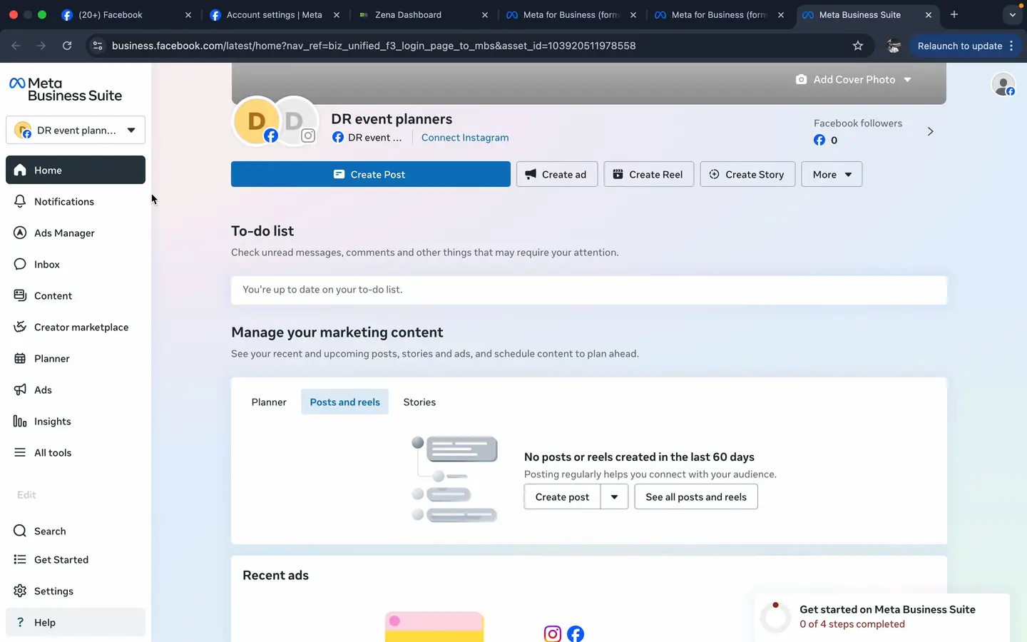 Meta Business Suite home dashboard for an existing portfolio