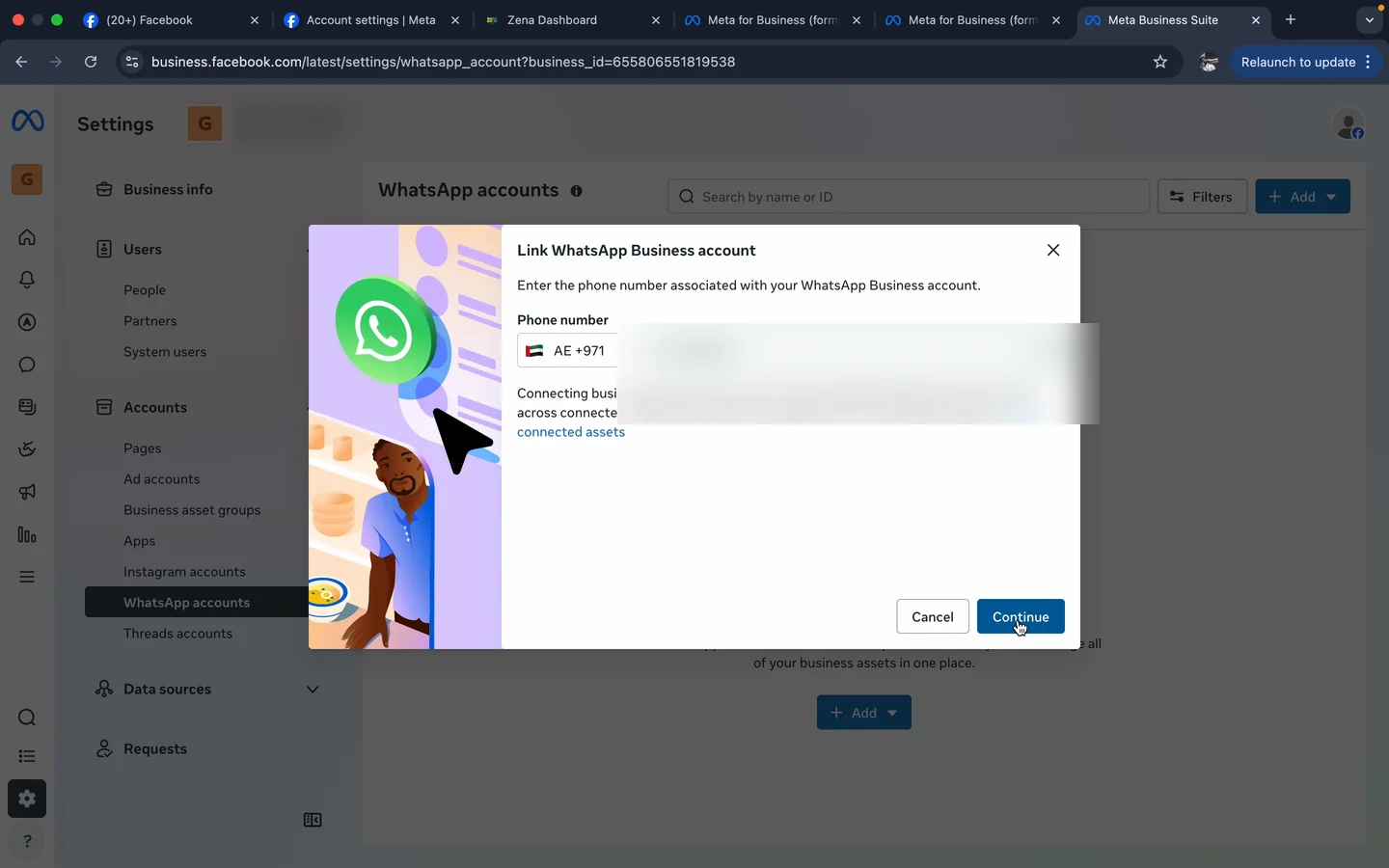 Meta Business Suite - Link WhatsApp Business account dialog