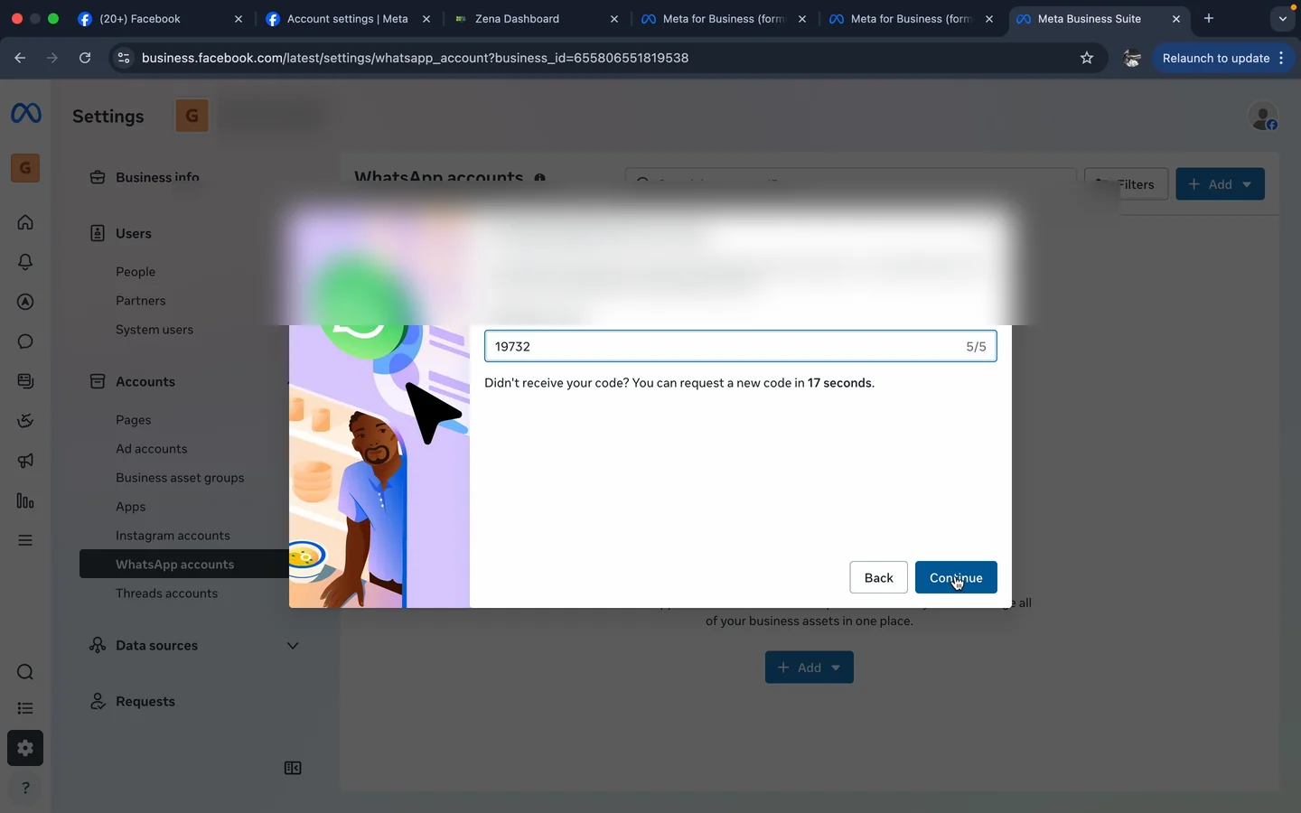 Meta Business Suite verification code dialog with 5-digit OTP filled in