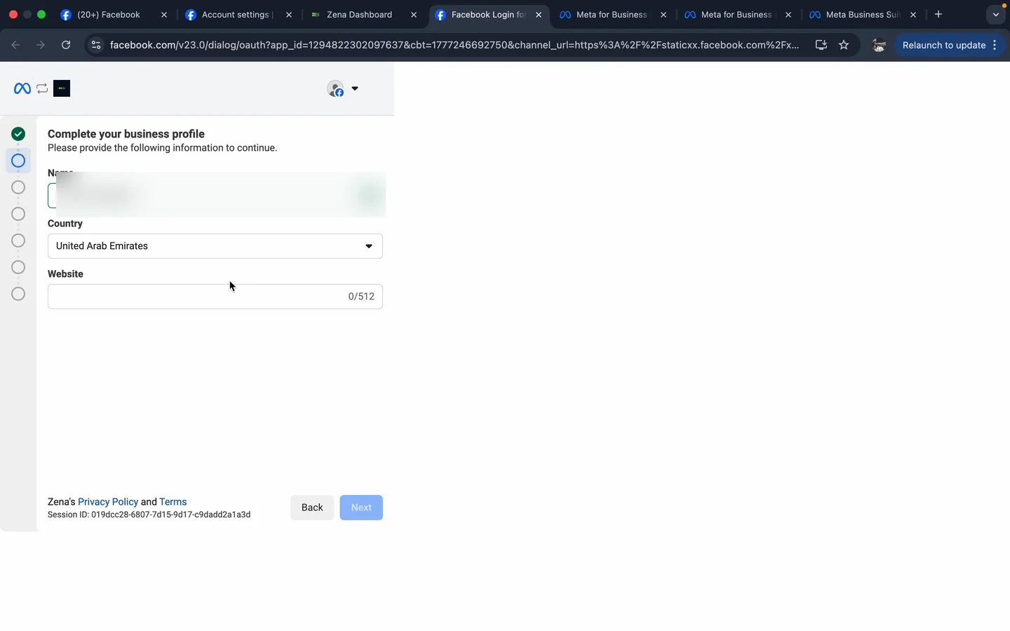 Meta embedded signup - complete your business profile with UAE selected