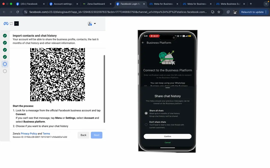 Meta embedded signup QR code on desktop alongside the phone Connect to Business Platform / Share chat history screen