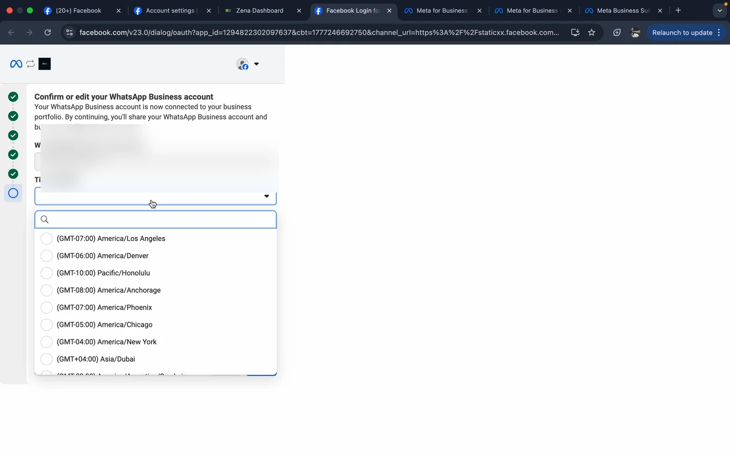 Meta embedded signup - confirm WhatsApp Business account with Asia/Dubai time zone