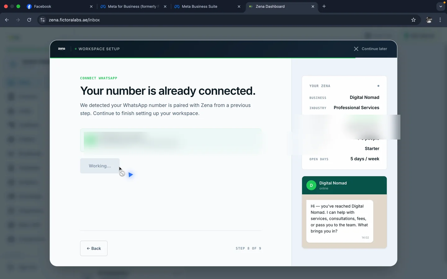 Back in Zena - Your number is already connected - Step 8 of 9