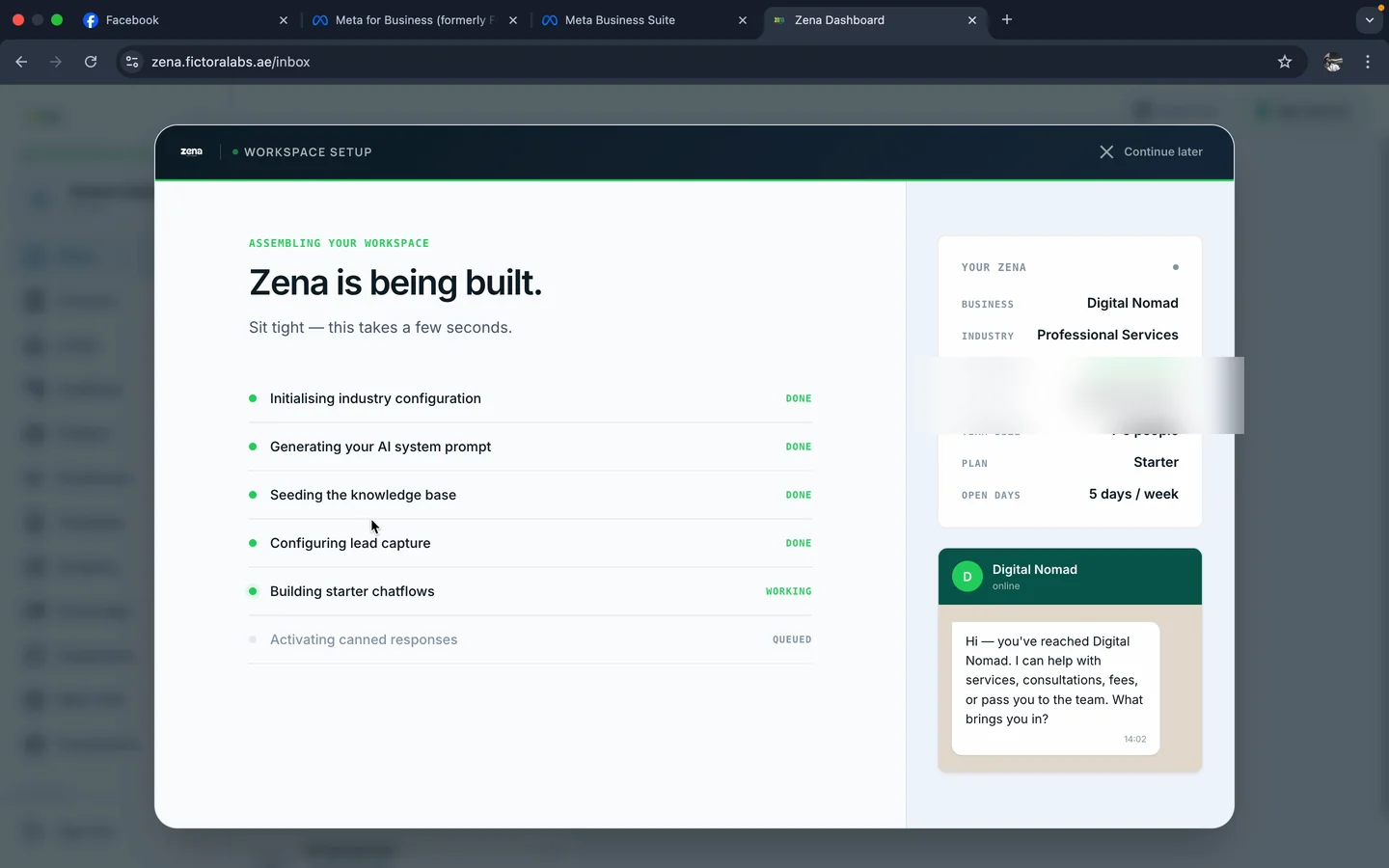 Zena is being built - workspace assembly screen