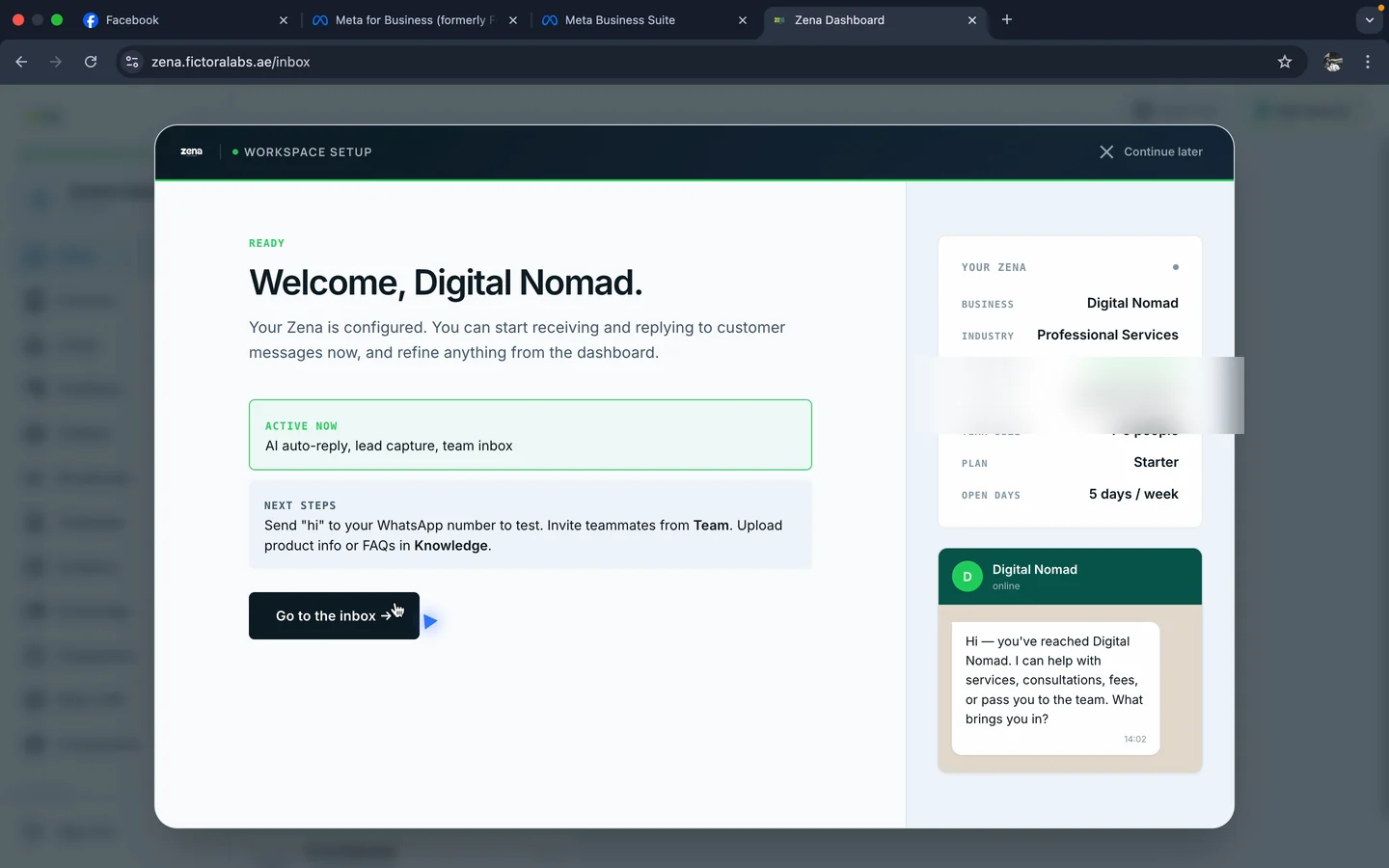 Welcome - AI auto-reply, lead capture, team inbox active